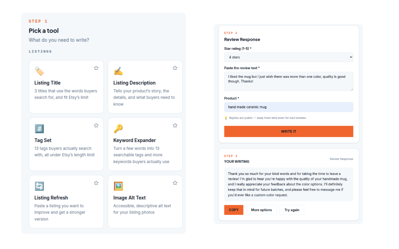 CopySprout dashboard - pick a tool, answer a few questions, and get Etsy-ready writing